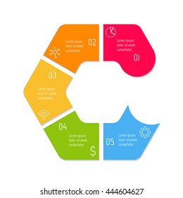 Isolated connected hexagonal infographic diagram with arrow and 5 parts. EPS10 template of paper sequence banner with five options.