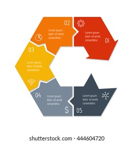 Isolated connected hexagonal infographic diagram with arrow and 5 parts. EPS10 template of paper sequence banner with five options.