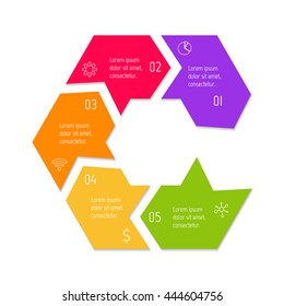 Isolated connected hexagonal infographic diagram with arrow and 5 parts. EPS10 template of paper sequence banner with five options.