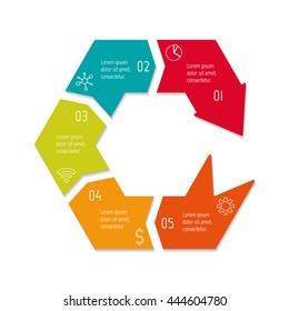 Isolated connected hexagonal infographic diagram with arrow and 5 parts. EPS10 template of paper sequence banner with five options.