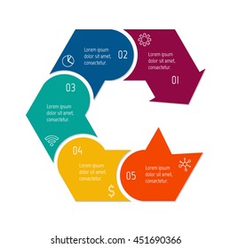 Isolated connected hexagonal infographic diagram with arrow and 5 parts. EPS10 template of paper sequence banner with five options.