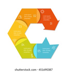 Isolated connected hexagonal infographic diagram with arrow and 5 parts. EPS10 template of paper sequence banner with five options.