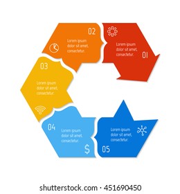 Isolated connected hexagonal infographic diagram with arrow and 5 parts. EPS10 template of paper sequence banner with five options.