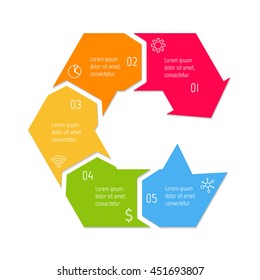 Isolated connected hexagonal infographic diagram with arrow and 5 parts. EPS10 template of paper sequence banner with five options.