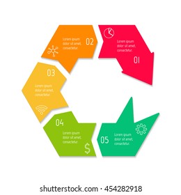 Isolated connected hexagonal infographic diagram with arrow and 5 parts. EPS10 template of paper sequence banner with five options.