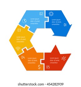 Isolated connected hexagonal infographic diagram with arrow and 5 parts. EPS10 template of paper sequence banner with five options.