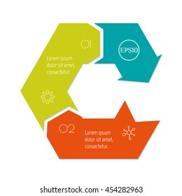 Isolated connected hexagonal infographic diagram template with 3 parts. Paper progress steps for tutorial with three options. Concept of sequence banner. EPS10 layout with arrows.
