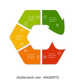 Isolated connected hexagonal infographic diagram with arrow and 5 parts. EPS10 template of paper sequence banner with five options.