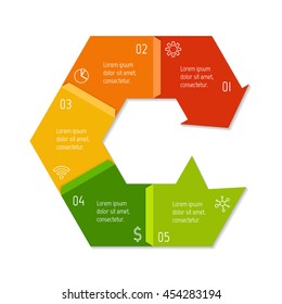 Isolated connected hexagonal infographic diagram with arrow and 5 parts. EPS10 template of paper sequence banner with five options.