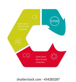 Isolated connected hexagonal infographic diagram template with 3 parts. Paper progress steps for tutorial with three options. Concept of sequence banner. EPS10 layout with arrows.