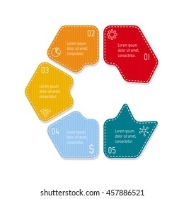 Isolated connected hexagonal infographic diagram with arrow and 5 parts. EPS10 template of paper sequence banner with five options.