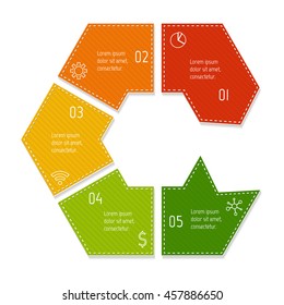 Isolated connected hexagonal infographic diagram with arrow and 5 parts. EPS10 template of paper sequence banner with five options.