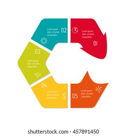 Isolated connected hexagonal infographic diagram with arrow and 5 parts. EPS10 template of paper sequence banner with five options.