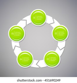 Isolated connected round infographic diagram template with 5 glossy parts. Circular paper progress steps for tutorial with five options. EPS10 concept of sequence banner.