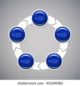 Isolated connected round infographic diagram template with 5 glossy parts. Circular paper progress steps for tutorial with five options. EPS10 concept of sequence banner.