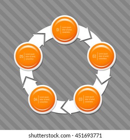 Isolated connected round infographic diagram template with 5 glossy parts. Circular paper progress steps for tutorial with five options. EPS10 concept of sequence banner.