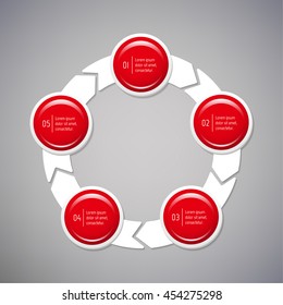 Isolated connected round infographic diagram template with 5 glossy parts. Circular paper progress steps for tutorial with five options. EPS10 concept of sequence banner.
