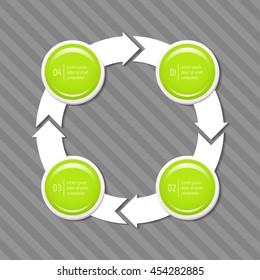 Isolated connected round infographic diagram template with 4 glossy parts. Paper progress steps for tutorial with four options. EPS10 concept of sequence banner.