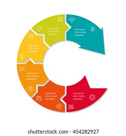 Isolated connected round infographic diagram template with 6 parts. Circular paper progress steps for tutorial with six options. EPS10 concept of sequence banner with arrows.