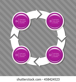 Isolated connected round infographic diagram template with 4 glossy parts. Paper progress steps for tutorial with four options. EPS10 concept of sequence banner.