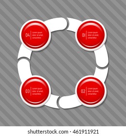 Isolated connected round infographic diagram template with 4 glossy parts. Paper progress steps for tutorial with four options. EPS10 concept of sequence banner.