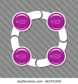 Isolated connected round infographic diagram template with 4 glossy parts. Paper progress steps for tutorial with four options. EPS10 concept of sequence banner.