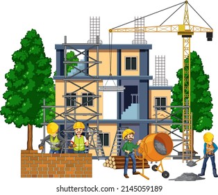 Lugar de construcción aislado con ilustraciones de trabajadores