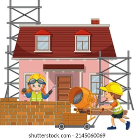 Lugar de construcción aislado con ilustraciones de trabajadores