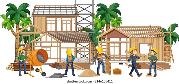 Isolated construction site with workers illustration