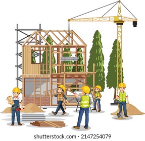 Lugar de construcción aislado con ilustraciones de trabajadores