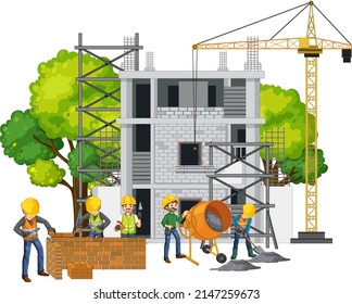 Isolated construction site with workers illustration
