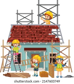 Isolated construction site with workers illustration
