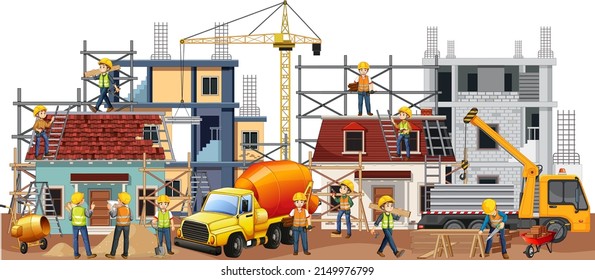 Isolated construction site with workers illustration