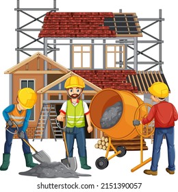 Isolated construction site with workers illustration