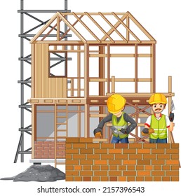 Isolated construction site with workers illustration