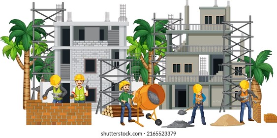 Isolated construction site with workers illustration