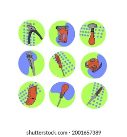 Isolated construction tools in the form of icons, emblems. Pliers, centimeter, construction stapler, screwdriver, cutter, knife, chisel logo, icon, isolated for printing
