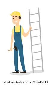 Isolated construction worker with hammer and ladder on white.