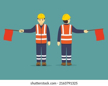 Isolated construction worker holding red flag. Hand signals using flag. Front and back view of a worker. Flat vector illustration template.