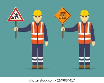 Isolated construction worker holding traffic or road sign. Road work ahead sign. Flat vector illustration template.