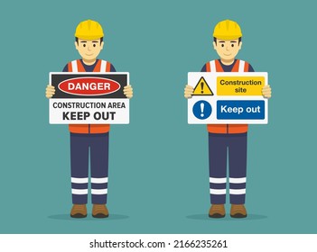 Isolated construction worker holding warning sign. Danger, construction area, keep out. Front view. Flat vector illustration template.