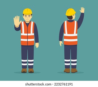 Un trabajador de la construcción aislado hace un gesto de paro con la mano. Vista frontal y posterior. Plantilla de ilustración vectorial plana.