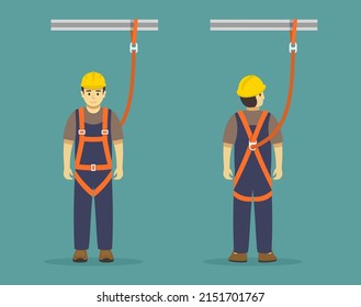 Isolated construction worker wearing safety harness. Using personal protective equipment to protect against a fall. Flat vector illustration template.