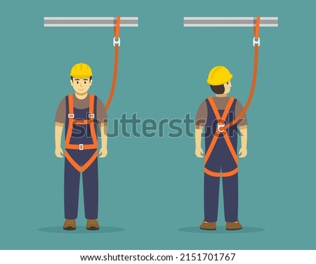Isolated construction worker wearing safety harness. Using personal protective equipment to protect against a fall. Flat vector illustration template. Stock photo © 