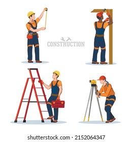 Trabajadores de construcción aislados. Construcción de la escena industrial. Los compiladores usan una herramienta manual. Ingenieros civiles trabajando. Especialista en encuestas. Ilustración del vector