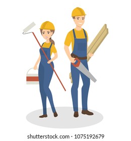 Isolated construction workers couple with equipment on white.