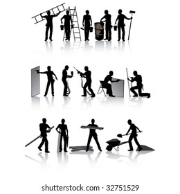 Isolated construction workers silhouettes with different tools