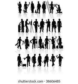 Isolated construction workers silhouettes with different tools