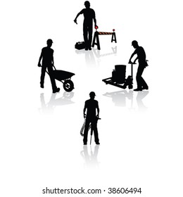 Isolated construction workers silhouettes with different tools