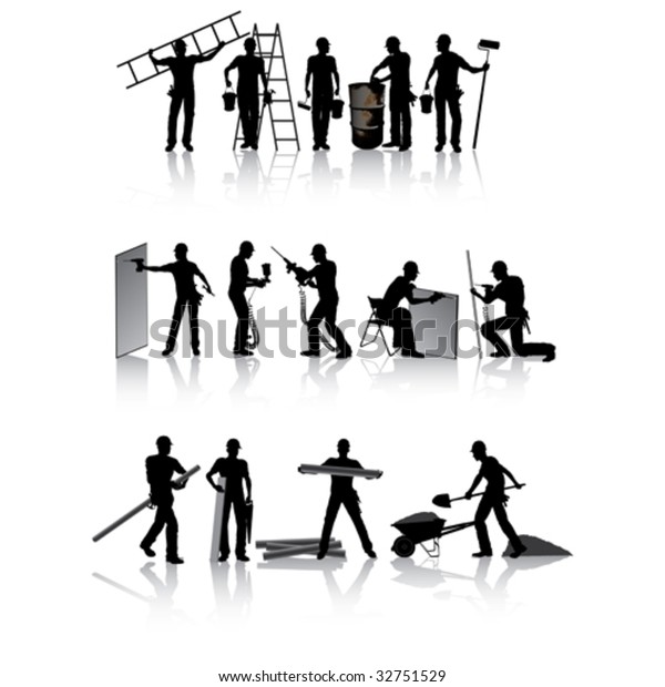 Isolated Construction Workers Silhouettes Different Tools Stock Vector Royalty Free